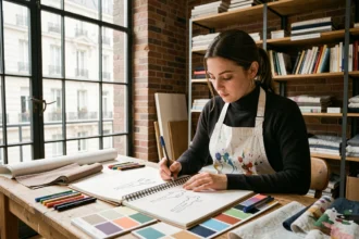 Étudiante en arts appliqués dessinant des silhouettes de mode dans un atelier parisien à l'ENSAAMA