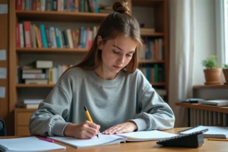 Étudiante calculant sa moyenne avec coefficients sur un cahier de notes dans sa chambre universitaire