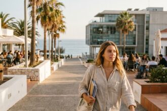 Étudiante marchant sur une promenade balnéaire avec un campus universitaire moderne et la mer en arrière-plan