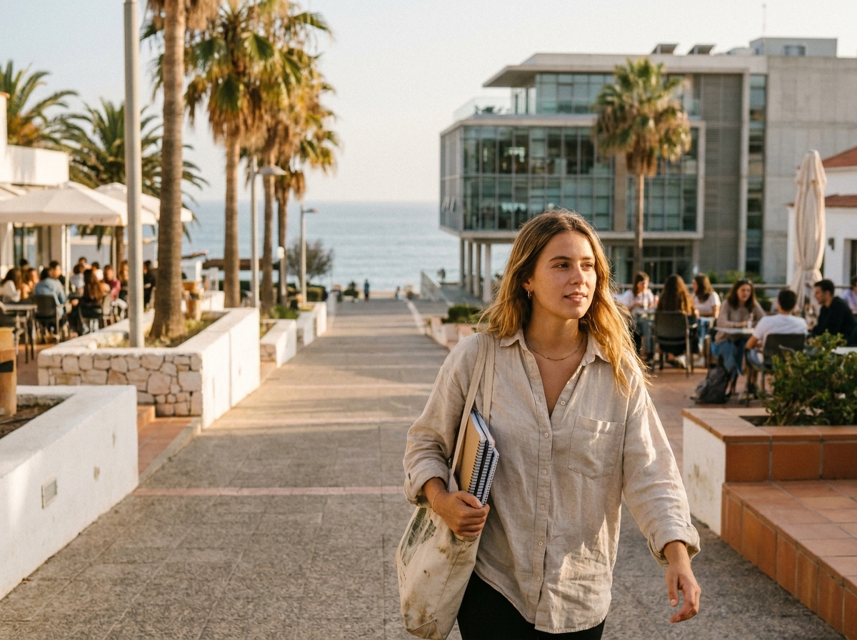 Étudiante marchant sur une promenade balnéaire avec un campus universitaire moderne et la mer en arrière-plan