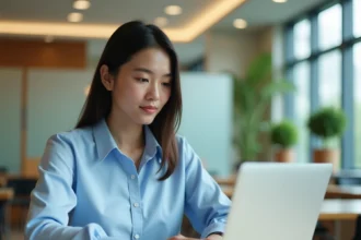 Étudiante se connectant au portail MyGEMA sur un ordinateur portable lors de sa première rentrée au Groupe Gema