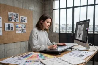 Étudiante en design graphique travaillant sur tablette graphique dans un studio d'école de design en France