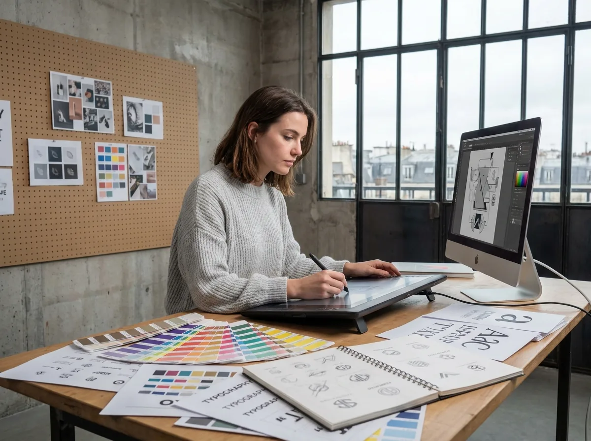 Étudiante en design graphique travaillant sur tablette graphique dans un studio d'école de design en France