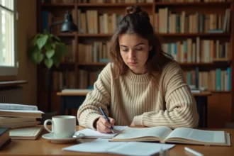 Étudiante en train d'annoter une dissertation française à son bureau universitaire entouré de livres et de notes manuscrites