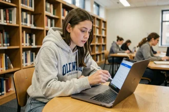 Étudiante consultant son emploi du temps universitaire sur un ordinateur portable dans une bibliothèque universitaire d'Angers