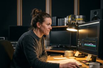 Étudiante en formation audiovisuelle travaillant sur un logiciel de montage dans un laboratoire universitaire de post-production