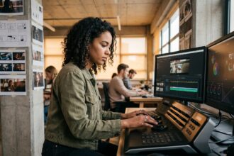Étudiante en école créative concentrée sur le montage vidéo dans un studio professionnel