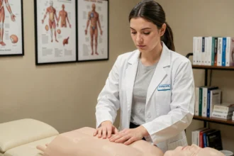 Étudiante en ostéopathie pratiquant une technique manuelle sur une table de soin dans une salle de formation clinique