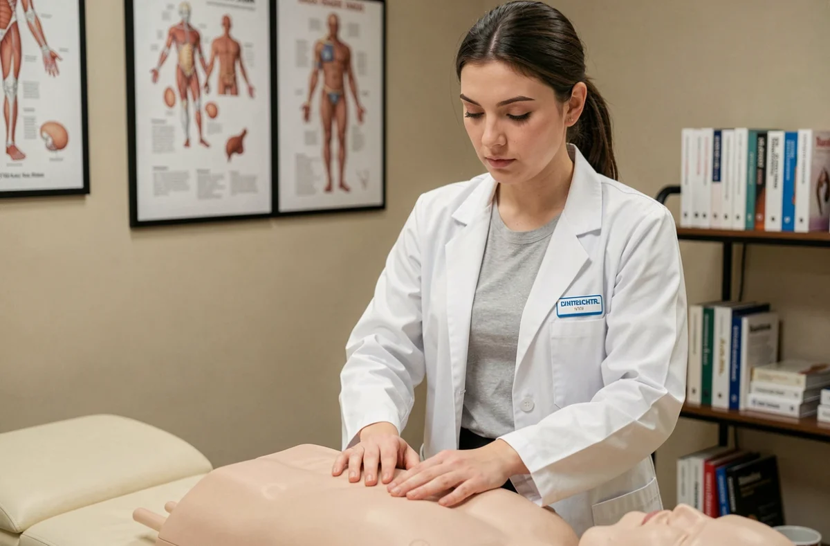Étudiante en ostéopathie pratiquant une technique manuelle sur une table de soin dans une salle de formation clinique