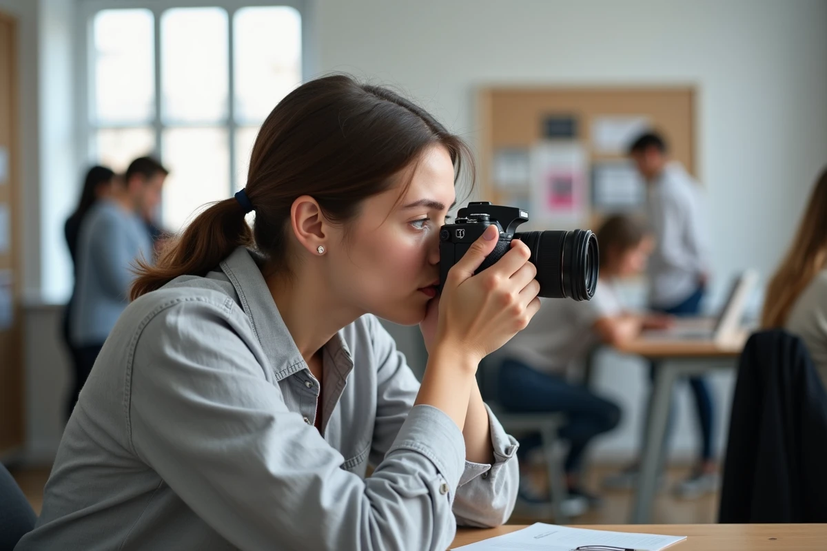 Étudiante en photographie cadrant une prise de vue en studio dans une école de photographie à Toulouse