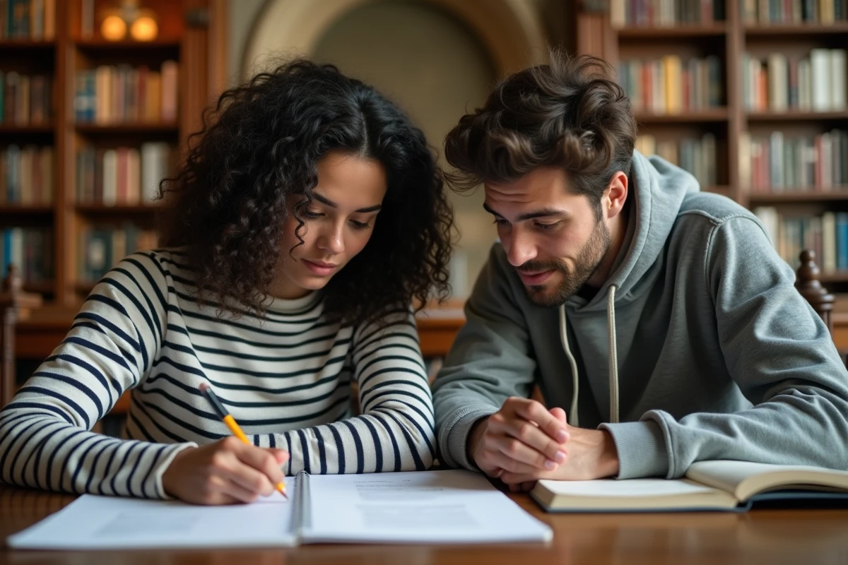 Deux étudiants analysant ensemble un exemple de dissertation française annotée dans une bibliothèque universitaire