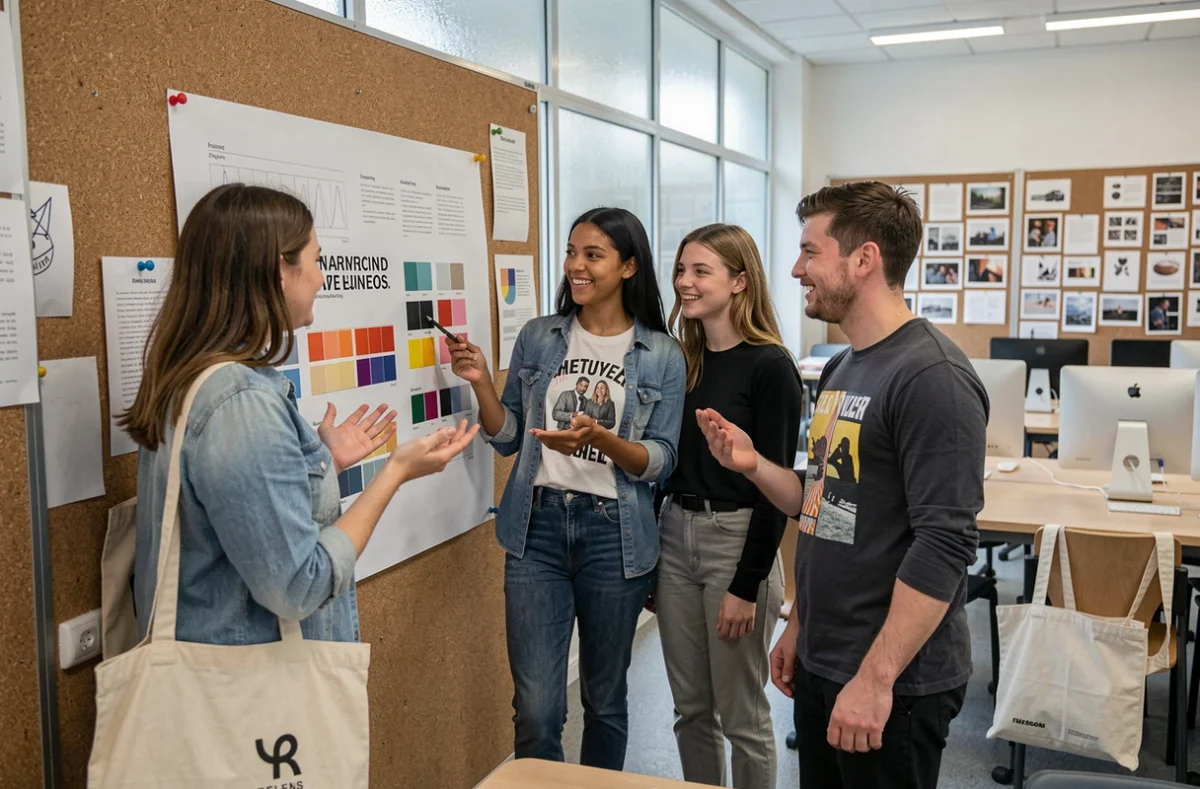 Groupe d'étudiants en design graphique collaborant sur un projet typographique dans une école d'arts appliqués à Paris
