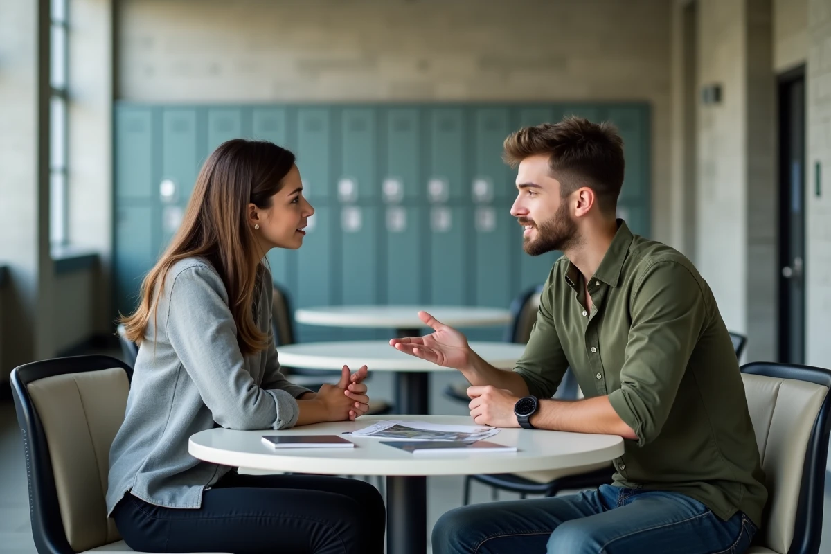 Deux étudiants en ergothérapie discutant des réalités de leur formation dans un couloir d'école de santé