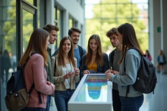 Groupe d'étudiants autour d'un kiosque interactif dans un hall universitaire