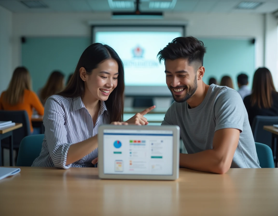 Deux étudiants découvrant ensemble le portail MyGEMA lors d'une session d'orientation au Groupe Gema