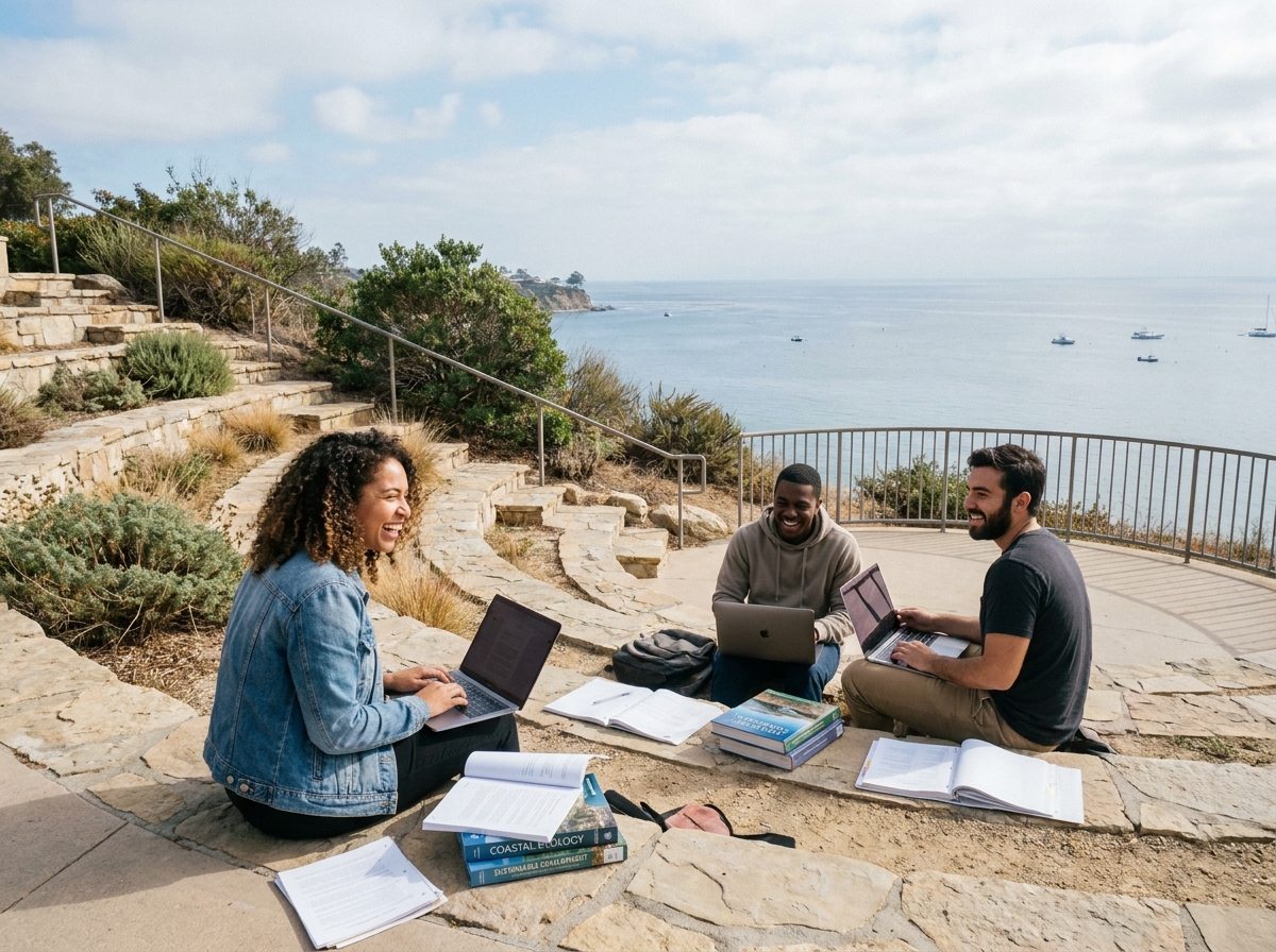 Groupe d'étudiants travaillant en plein air sur un campus côtier avec vue sur la mer