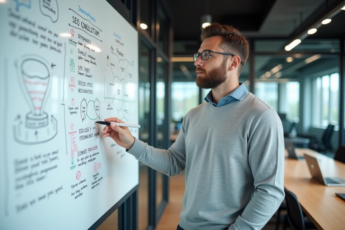 Expert SEO présentant une stratégie de référencement sur tableau blanc dans une salle de réunion professionnelle