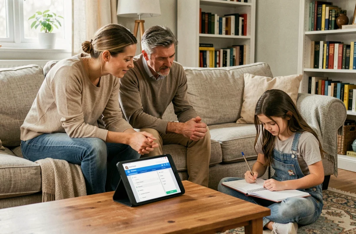 Parents et enfant réunis dans le salon pour discuter du suivi scolaire via Scolinfo sur une tablette numérique
