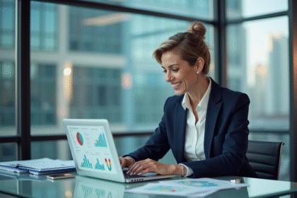 Femme d'affaires analysant des graphiques numériques dans un bureau moderne