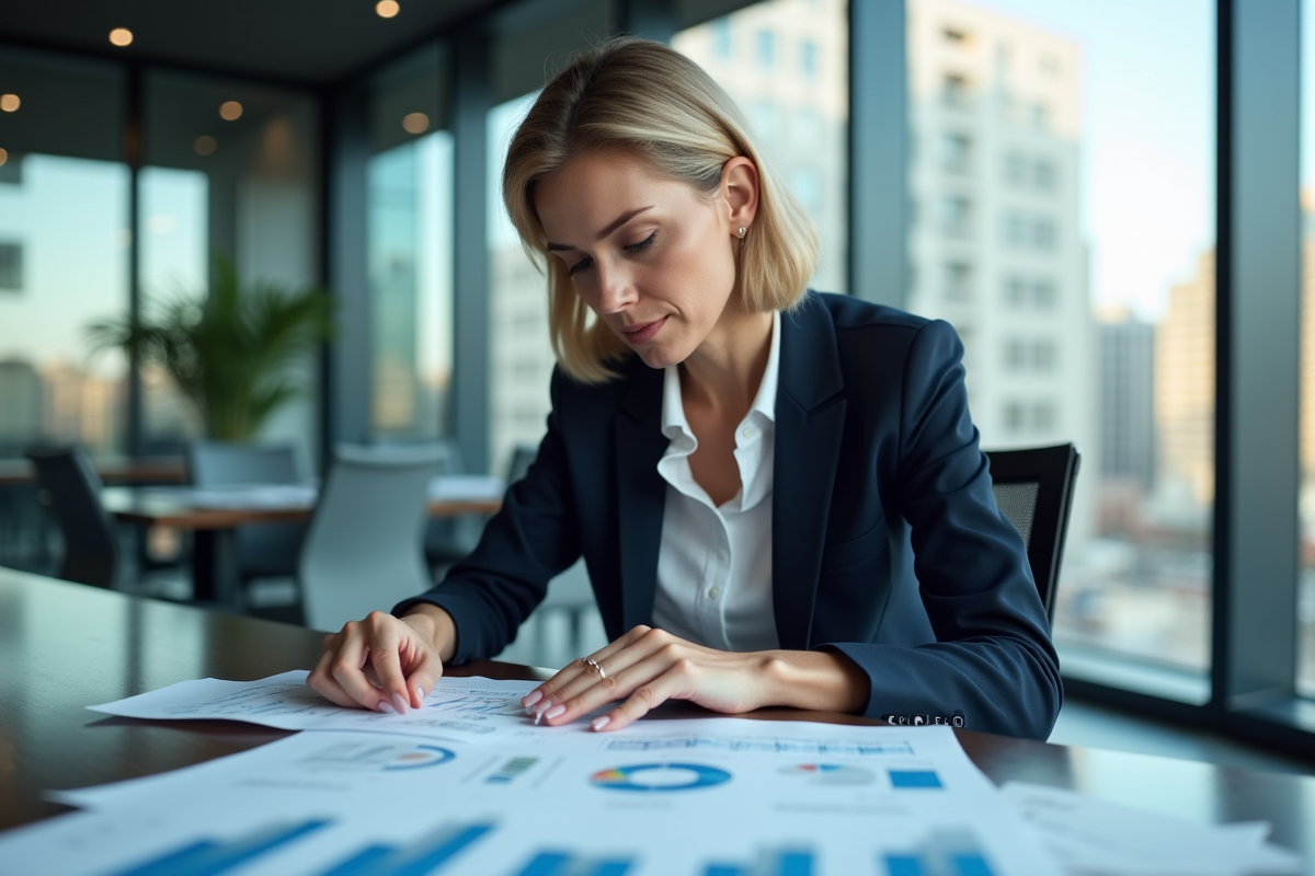 Femme d'affaires analysant des graphiques financiers dans un bureau moderne
