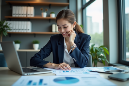 Jeune femme d'affaires au bureau avec graphique