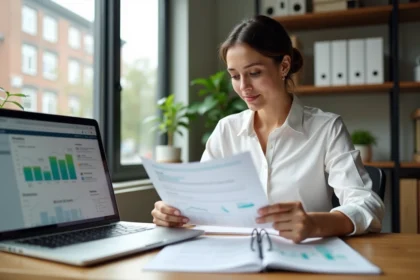 Femme professionnelle analysant les tarifs d'un logiciel emailing sur son bureau avec un ordinateur portable affichant un tableau de bord marketing