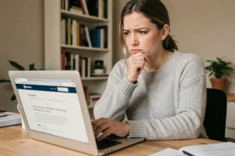 Femme analysant un test de QI en ligne sur son ordinateur portable dans un bureau à domicile, expression sceptique et concentrée