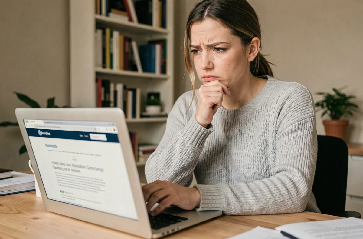 Femme analysant un test de QI en ligne sur son ordinateur portable dans un bureau à domicile, expression sceptique et concentrée