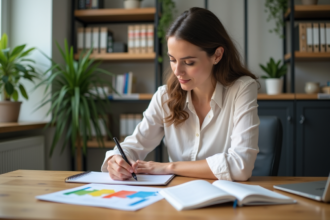 Femme en tenue professionnelle écrivant dans un carnet