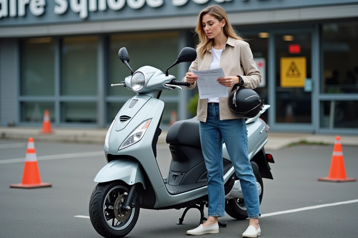 Femme consultant un document sur les catégories de permis moto devant un scooter 125cc dans une auto-école française