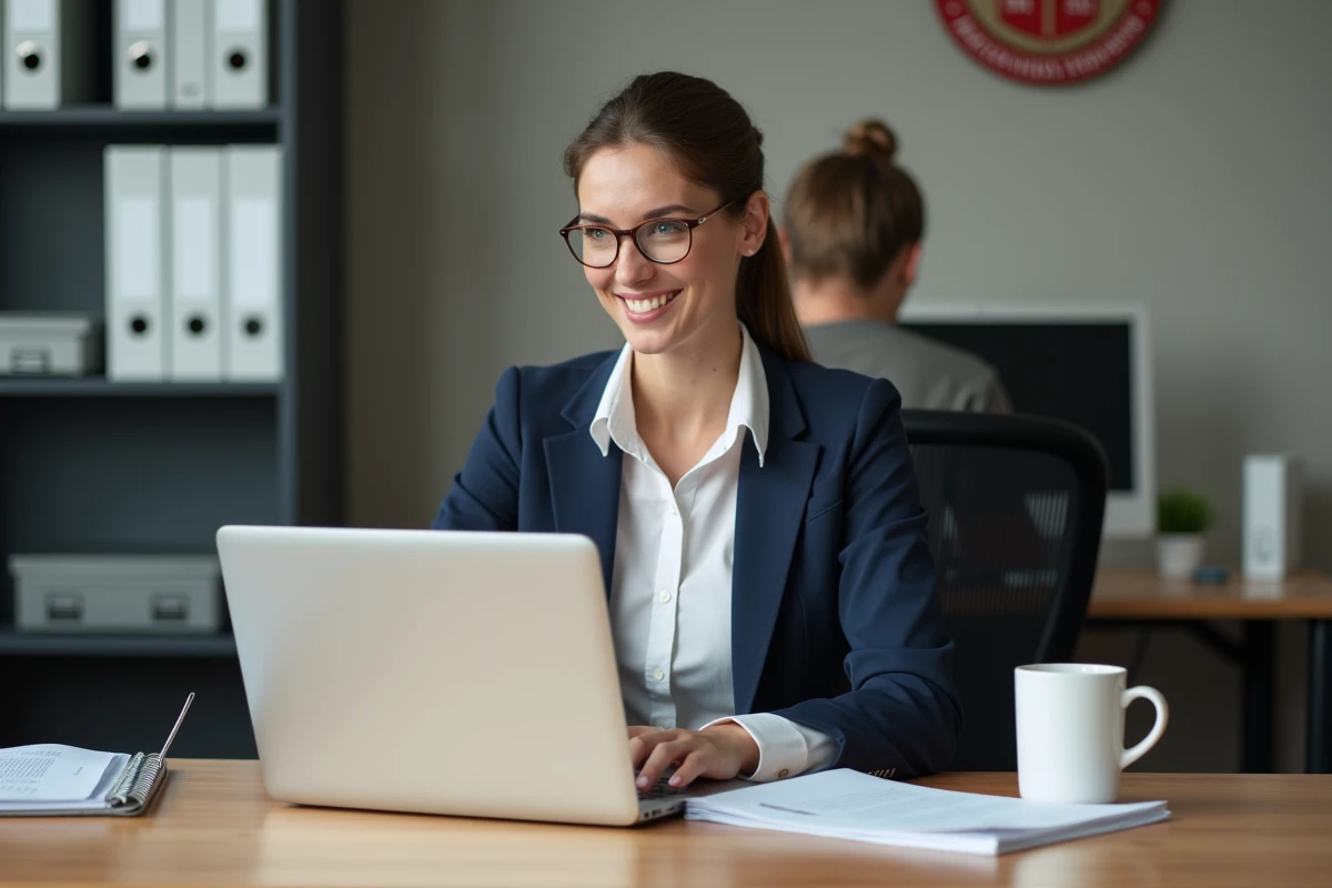 Femme au bureau administration avec ordinateur portable