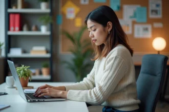 Femme concentrée sur son ordinateur dans un bureau moderne
