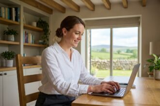 Femme au bureau avec vue rurale et intérieur moderne