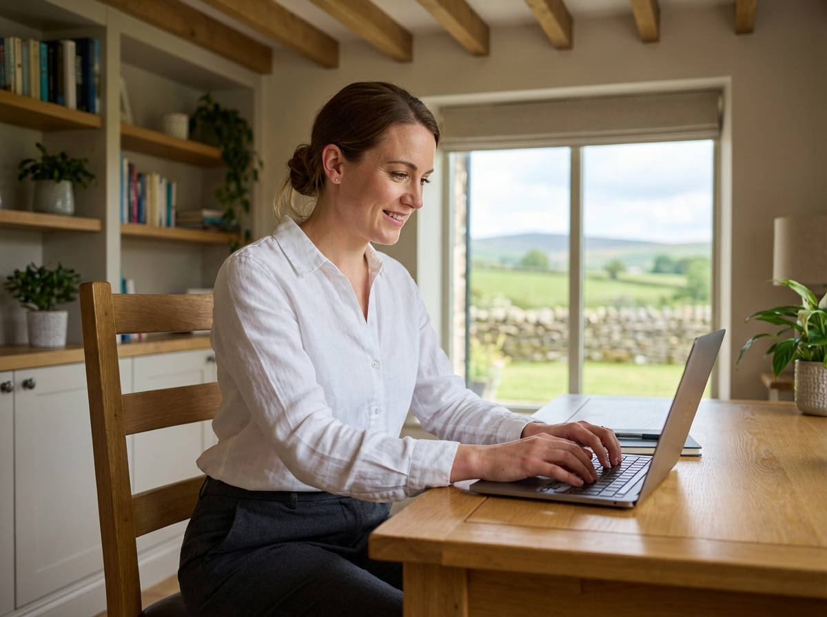 Femme au bureau avec vue rurale et intérieur moderne