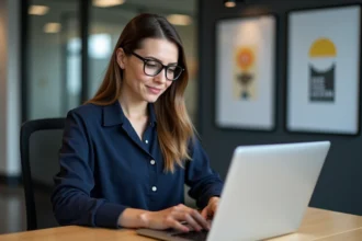 Femme en bureau moderne utilisant un ordinateur portable