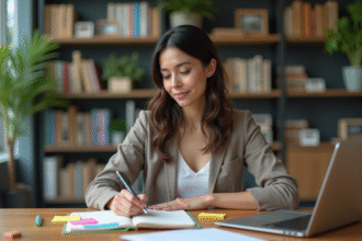 Femme concentrée travaillant à son bureau moderne