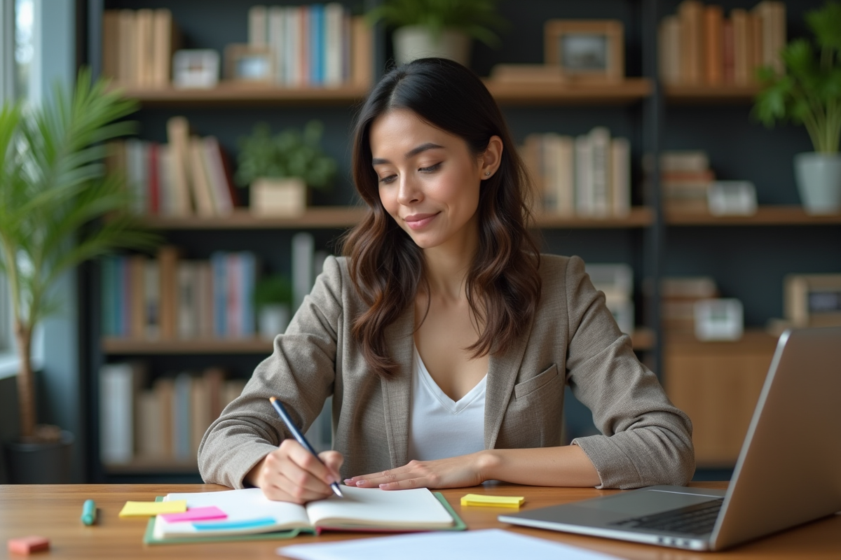 Femme concentrée travaillant à son bureau moderne