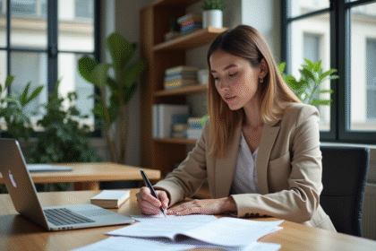 Femme en bureau regardant son CV avec concentration