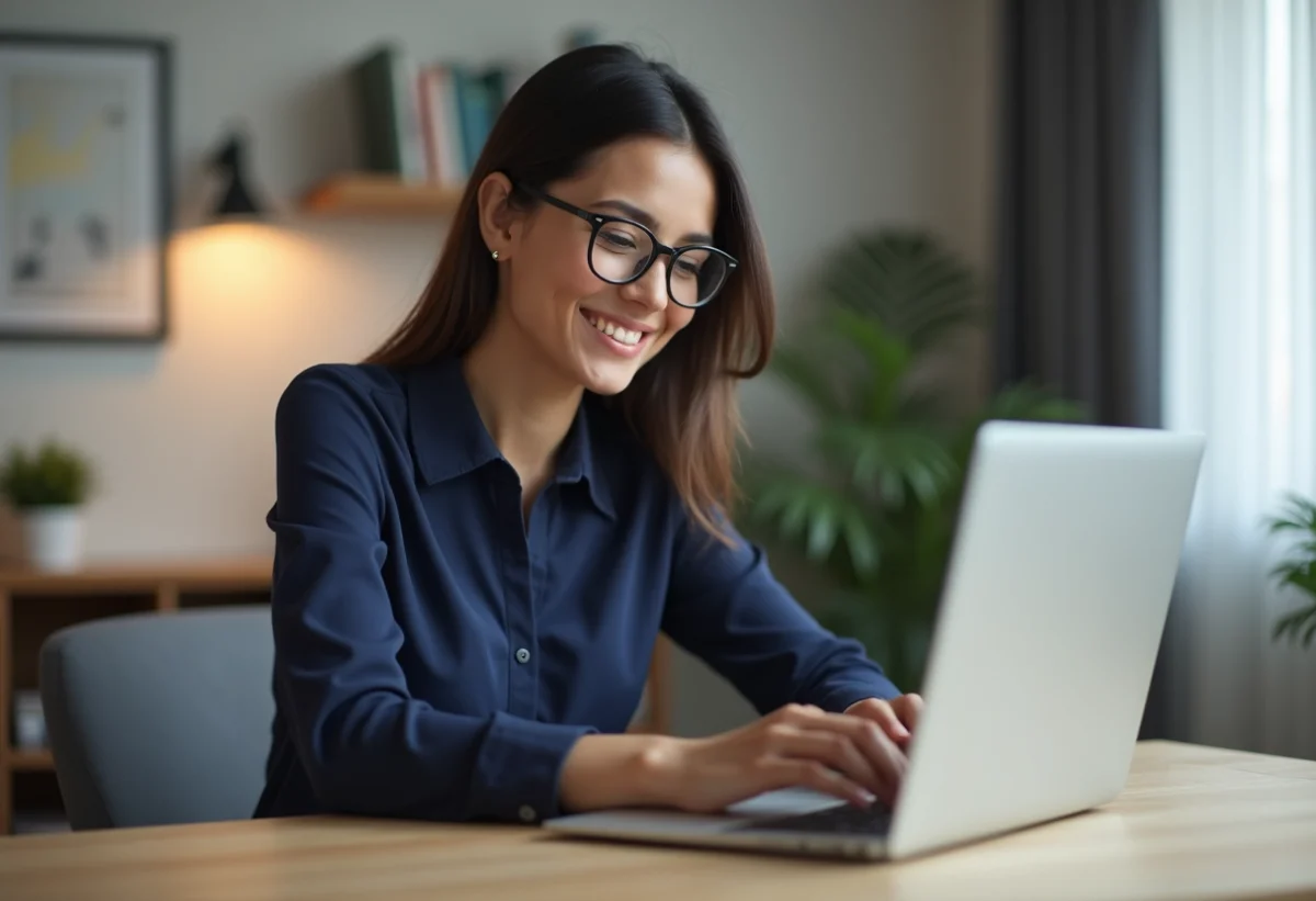 Femme en bureau moderne utilisant un ordinateur portable