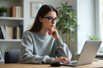 Jeune femme au bureau avec ordinateur portable et plantes