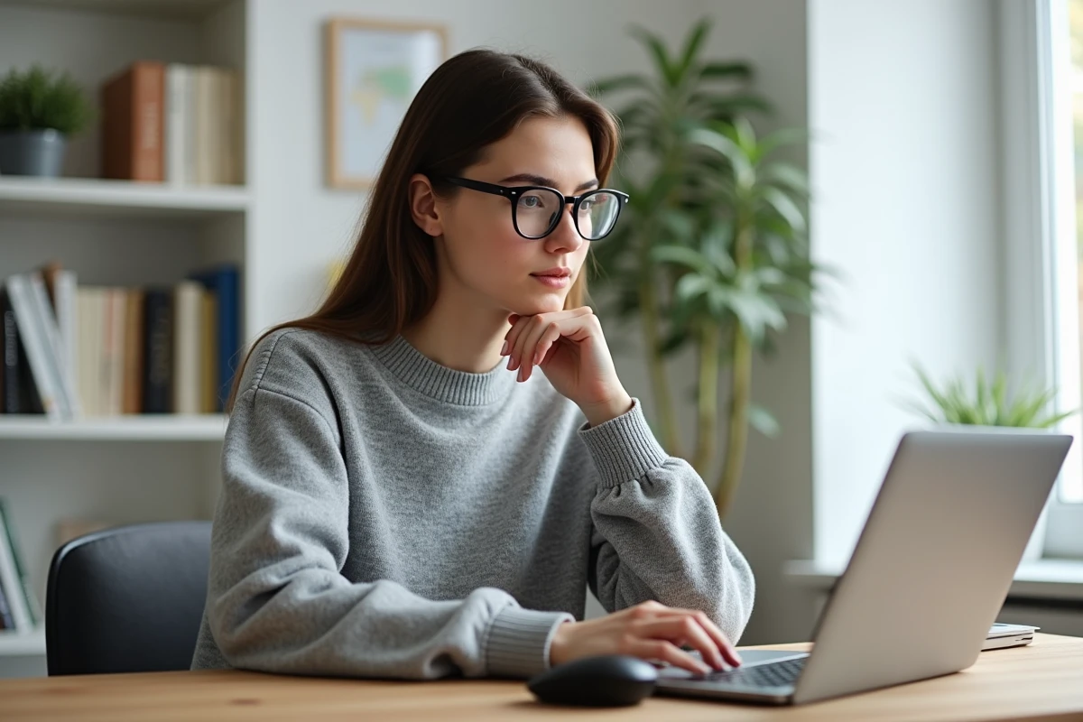 Jeune femme au bureau avec ordinateur portable et plantes