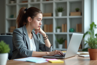 Jeune femme concentrée travaillant sur son ordinateur dans un bureau moderne