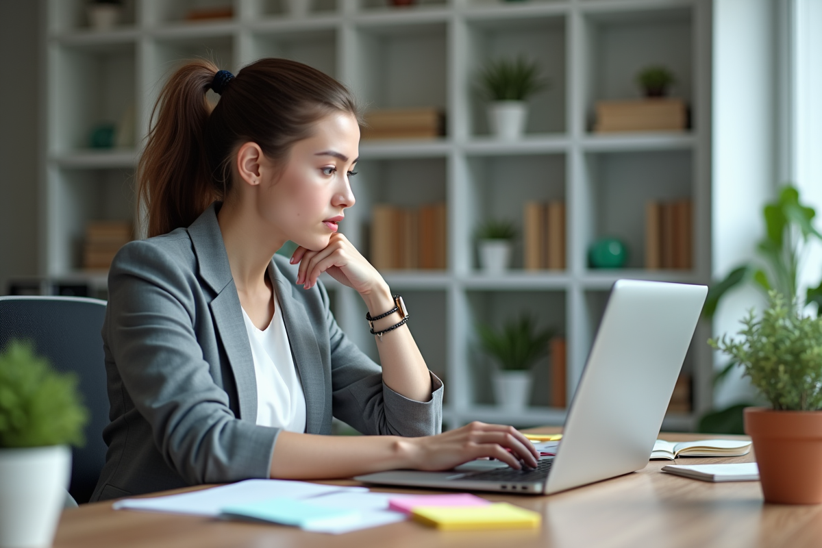 Jeune femme concentrée travaillant sur son ordinateur dans un bureau moderne