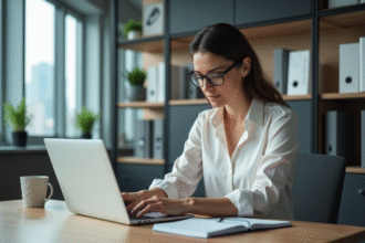 Femme concentrée organisant son planner dans un bureau moderne