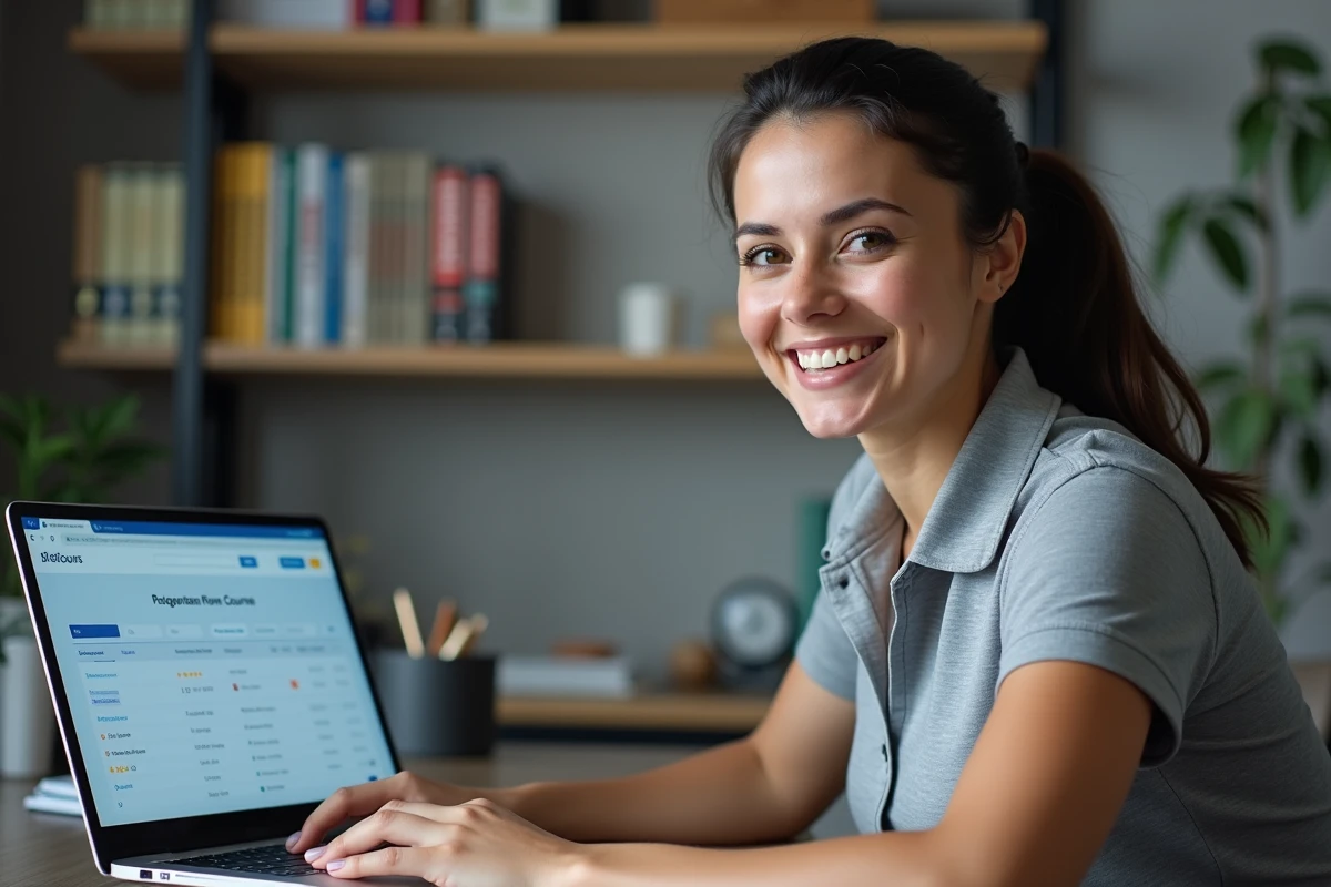 Femme consultant un comparatif de formations bricolage en ligne avec tableau de prix sur ordinateur portable à domicile