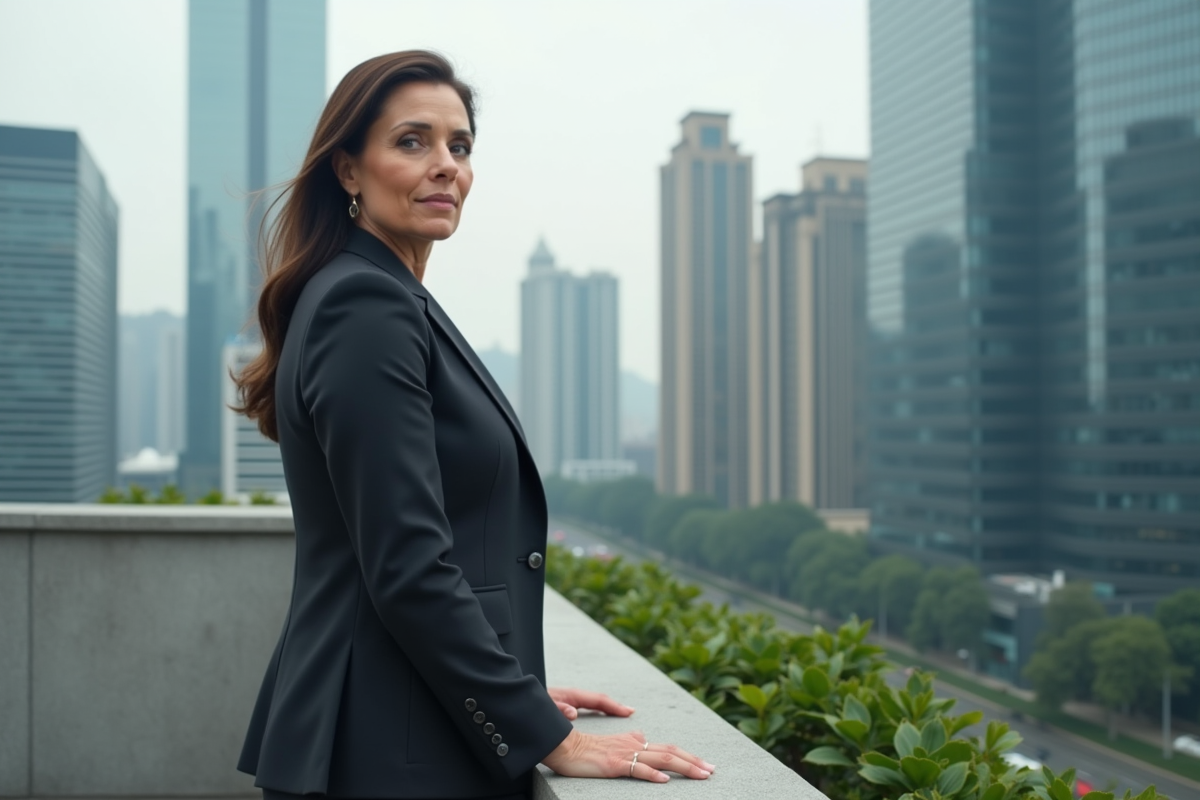 Femme confiante en costume sur un rooftop urbain