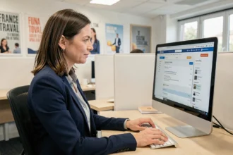 Femme consultant une fiche métier sur France Travail en 2026 dans une agence pour l'emploi moderne