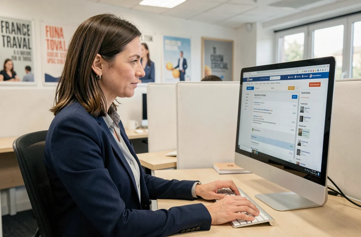 Femme consultant une fiche métier sur France Travail en 2026 dans une agence pour l'emploi moderne