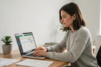 Femme utilisant un outil de conversion de tableau en ligne sur un ordinateur portable dans un bureau moderne