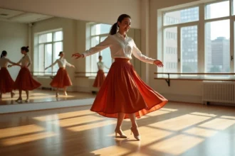 Femme apprenant la danse Madison dans un studio avec parquet en bois et miroirs, lors d'un cours collectif